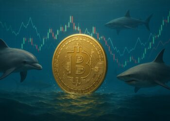 Moneda física de bitcoin dorada en el océano, rodeada de delfines y tiburones, con gráficos mixtos de mercado.