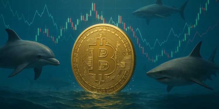 Moneda física de bitcoin dorada en el océano, rodeada de delfines y tiburones, con gráficos mixtos de mercado.