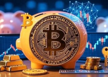 Logo de bitcoin por delante de una alcancía y unas computadoras portátiles.