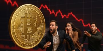 Moneda física de bitcoin dorada con personas escapando con miedo y una gráfica roja de fondo.
