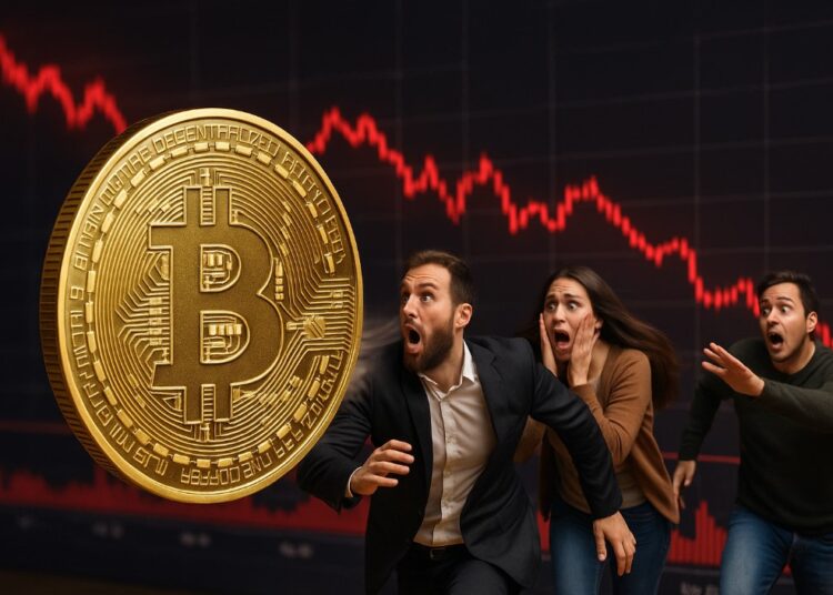 Moneda física de bitcoin dorada con personas escapando con miedo y una gráfica roja de fondo.
