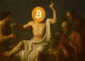 Pintura de Jacques-Louis David "La muerte de Sócrates" pero con símbolo de Bitcoin en la cara de Socrates.