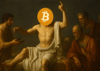 Pintura de Jacques-Louis David "La muerte de Sócrates" pero con símbolo de Bitcoin en la cara de Socrates.