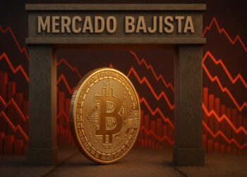 Moneda física de bitcoin con un letrero que dice "mercado bajista" y gráficas rojas en el fondo.