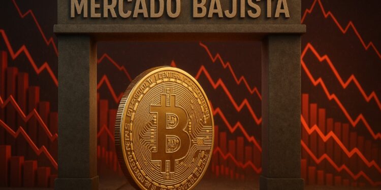 Moneda física de bitcoin con un letrero que dice "mercado bajista" y gráficas rojas en el fondo.