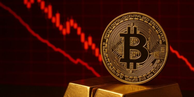 Moneda física de bitcoin sobre cuatro lingotes de oro, y de fondo una gráfica en rojo.