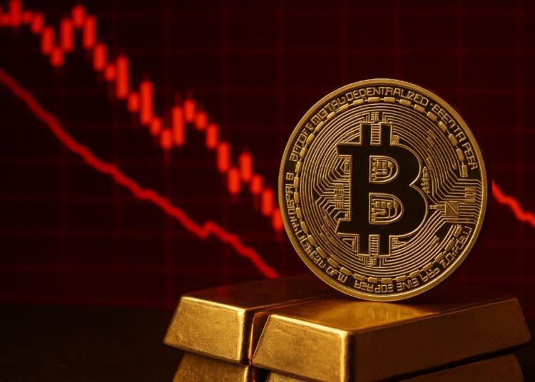 Moneda física de bitcoin sobre cuatro lingotes de oro, y de fondo una gráfica en rojo.