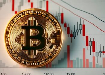 Una imagen de cerca de una moneda de bitcoin dorada brillante superpuesta sobre un gráfico bursátil con velas rojas y blancas.