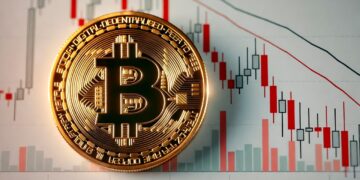 Una imagen de cerca de una moneda de bitcoin dorada brillante superpuesta sobre un gráfico bursátil con velas rojas y blancas.