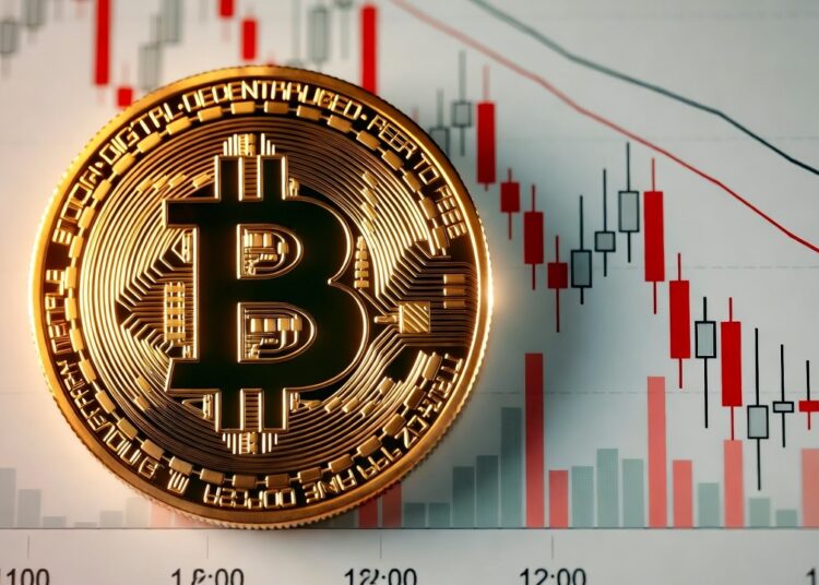 Una imagen de cerca de una moneda de bitcoin dorada brillante superpuesta sobre un gráfico bursátil con velas rojas y blancas.