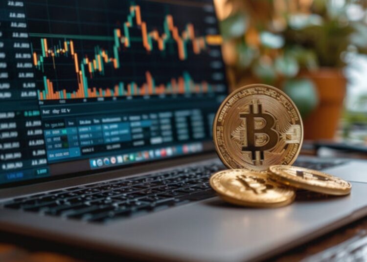 Moneda física de bitcoin dorada sobre una laptop que está mostrando gráficas de mercado y está sobre un escritorio.