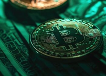 Moneda física de bitcoin dorada sobre billetes estadounidenses.