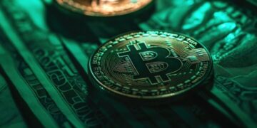 Moneda física de bitcoin dorada sobre billetes estadounidenses.