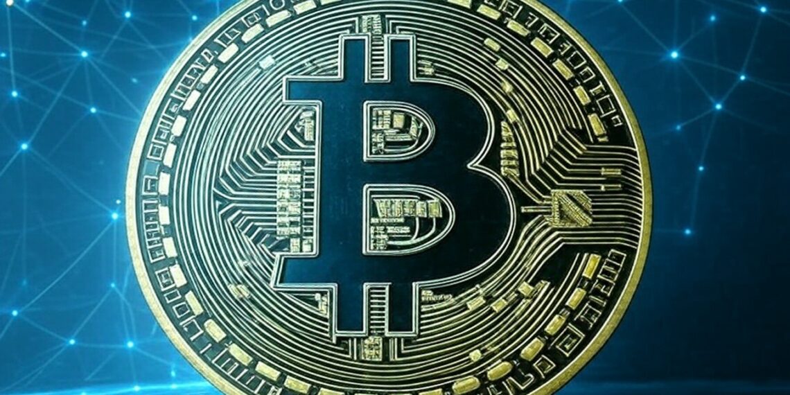 Logo de bitcoin delante de un fondo azul con puntos luminosos.