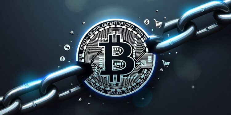 Logo de bitcoin en medio de una cadena rota.