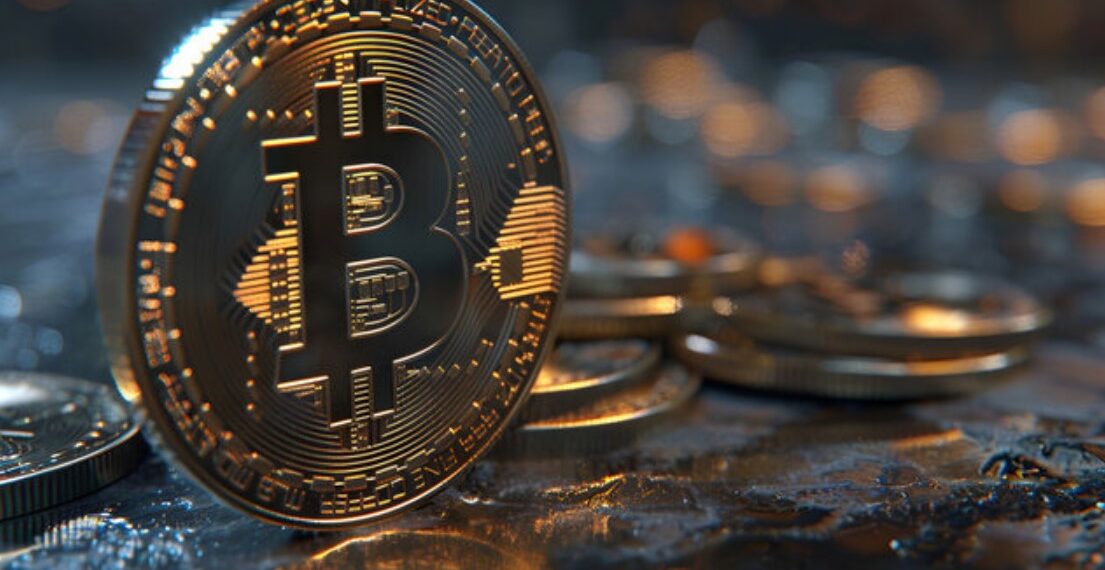 Moneda física de bitcoin dorada sobre un escritorio.