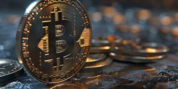 Moneda física de bitcoin dorada sobre un escritorio.