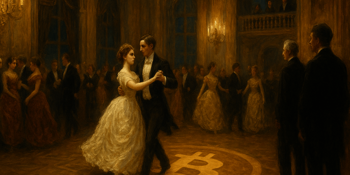 Un gran salón aristocrático siciliano del siglo XIX, iluminado por candelabros dorados. En el centro, figuras elegantes bailan un vals, pero en vez de joyas llevan símbolos de Bitcoin discretamente integrados en broches, medallones o en el diseño del suelo del salón.