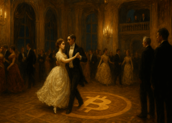 Un gran salón aristocrático siciliano del siglo XIX, iluminado por candelabros dorados. En el centro, figuras elegantes bailan un vals, pero en vez de joyas llevan símbolos de Bitcoin discretamente integrados en broches, medallones o en el diseño del suelo del salón.