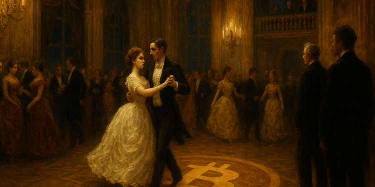 Un gran salón aristocrático siciliano del siglo XIX, iluminado por candelabros dorados. En el centro, figuras elegantes bailan un vals, pero en vez de joyas llevan símbolos de Bitcoin discretamente integrados en broches, medallones o en el diseño del suelo del salón.