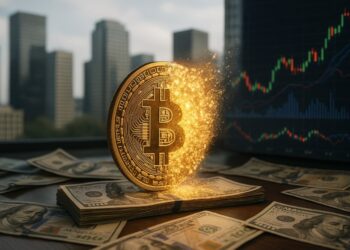 Moneda física de bitcoin transformándose sobre una azotea de un edificio, con billetes de 100 dólares alrededor y una gráfica de mercados.