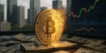 Moneda física de bitcoin transformándose sobre una azotea de un edificio, con billetes de 100 dólares alrededor y una gráfica de mercados.