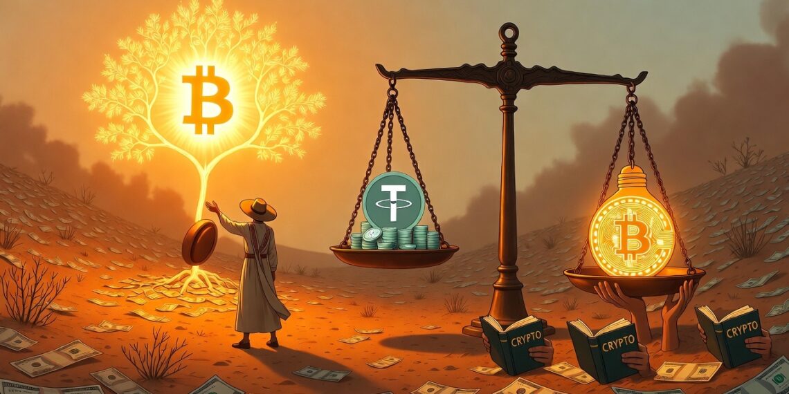 Una balanza antigua inclinada hacia un lado con pilas de USDT digitales estables pero frágiles, y del otro, una bombilla encendida con circuitos de Bitcoin que irradia luz, sostenida por manos venezolanas que leen un libro abierto de conceptos cripto.