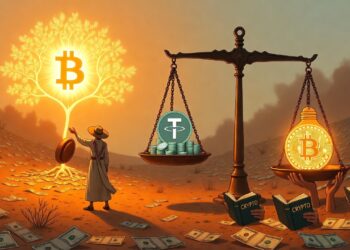 Una balanza antigua inclinada hacia un lado con pilas de USDT digitales estables pero frágiles, y del otro, una bombilla encendida con circuitos de Bitcoin que irradia luz, sostenida por manos venezolanas que leen un libro abierto de conceptos cripto.