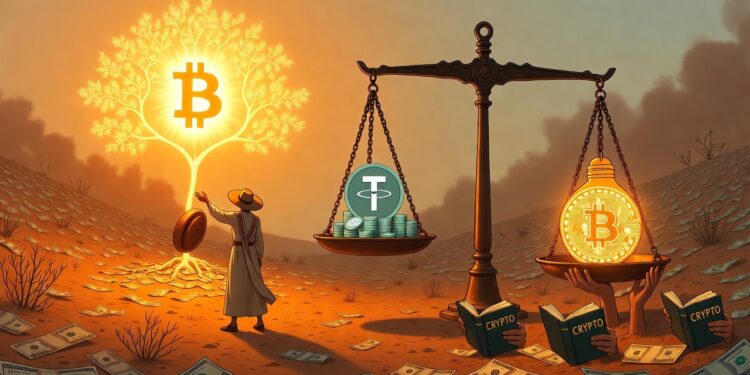 Una balanza antigua inclinada hacia un lado con pilas de USDT digitales estables pero frágiles, y del otro, una bombilla encendida con circuitos de Bitcoin que irradia luz, sostenida por manos venezolanas que leen un libro abierto de conceptos cripto.