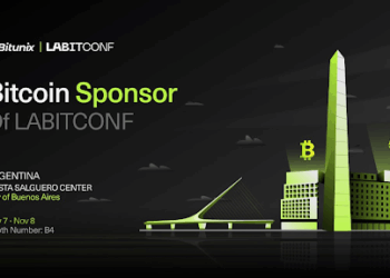 Bitunix en LABITCONF 2025 como “Bitcoin Sponsor” sobre un fondo gris oscuro y la ilustración del obelisco argentino, en la cuspide el logo de Bitcoin.