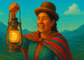 Cholita boliviana con lámpara de Bitcoin.