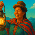 Cholita boliviana con lámpara de Bitcoin.
