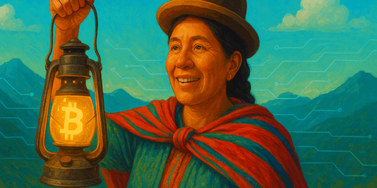 Cholita boliviana con lámpara de Bitcoin.