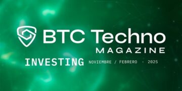 Logo de BTC Techno Magazine con el nombre de su edición Investing, en color blanco, sobre fondo verde difuminado.