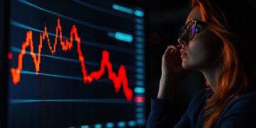 Mujer observa con preocupación una pantalla en la que se muestra un gráfico de velas rojas con fuerte tendencia bajista.