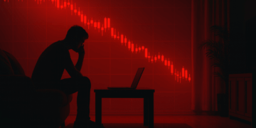 Silueta de un hombre sentado frente a un portátil en una habitación oscura, con un gráfico rojo en la pared