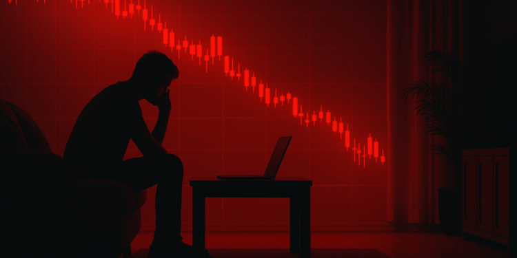 Silueta de un hombre sentado frente a un portátil en una habitación oscura, con un gráfico rojo en la pared