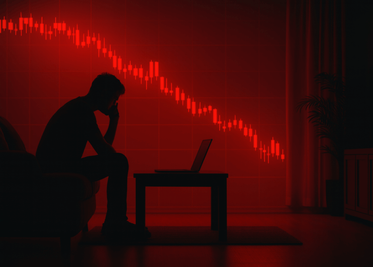 Silueta de un hombre sentado frente a un portátil en una habitación oscura, con un gráfico rojo en la pared