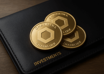 Tres monedas doradas con el logotipo de Chainlink descansan sobre un portafolio de inversiones de cuero negro.