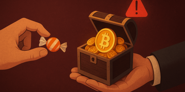 Un caramelo muy pequeño sobre una mesa. A su lado, una mano intentando pagar con un cofre lleno de monedas con el logo de Bitcoin. Una luz roja o alerta detrás del cofre.