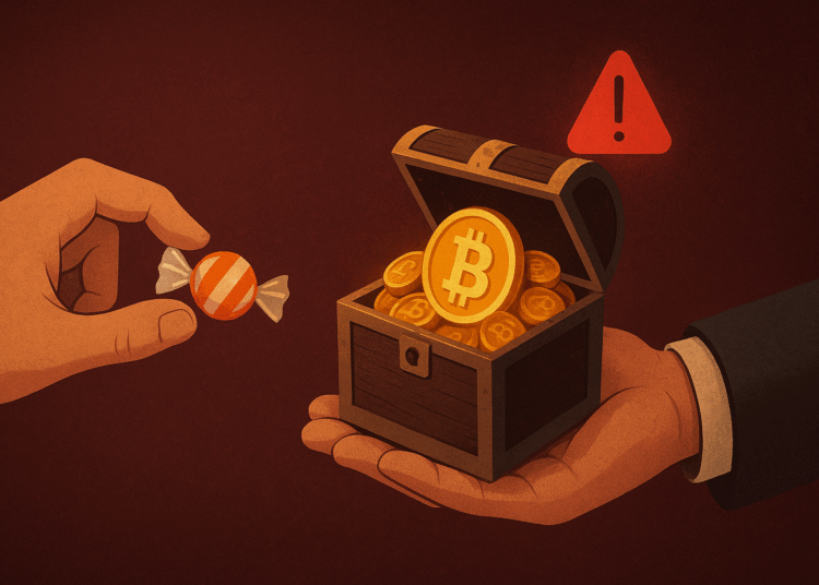 Un caramelo muy pequeño sobre una mesa. A su lado, una mano intentando pagar con un cofre lleno de monedas con el logo de Bitcoin. Una luz roja o alerta detrás del cofre.