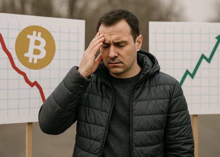 Un hombre en chaqueta con signos de confusión y par de gráficos en el fondo.