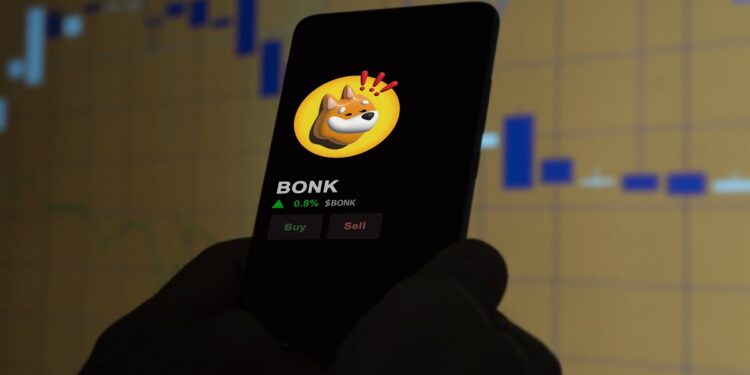 Un teléfono en el que se ve el logo de la criptomoneda BONK.