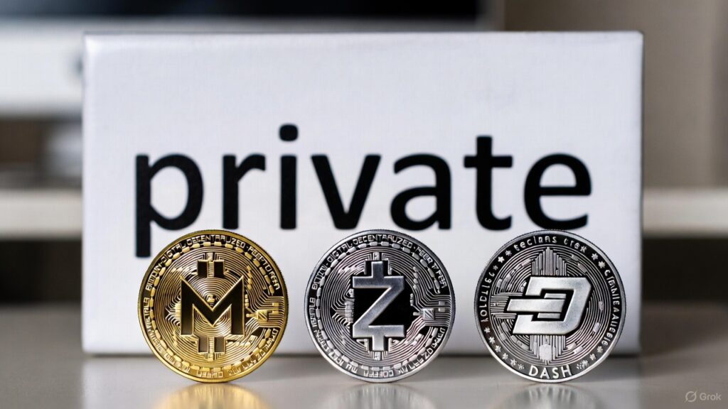 Monedas físicas de monero, zcash y dash delante de cartel que dice private.