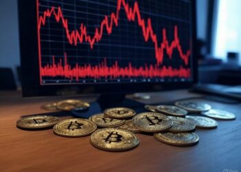 Un monitor que muestra gráficos de precios en rojo junto a monedas físicas.