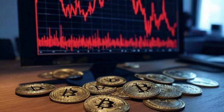 Un monitor que muestra gráficos de precios en rojo junto a monedas físicas.