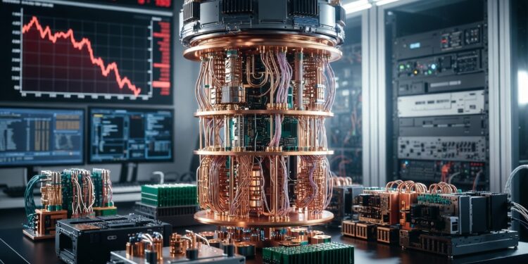 Una computadora cuántica en primer plano. Al fondo, pantallas muestran gráficos bursátiles en rojo con líneas descendentes.