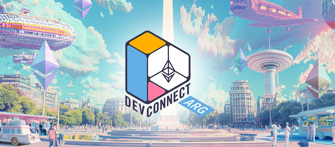 El logo del evento Devconnect en medio de un dibujo de la ciudad de Buenos Aires.
