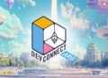 El logo del evento Devconnect en medio de un dibujo de la ciudad de Buenos Aires.
