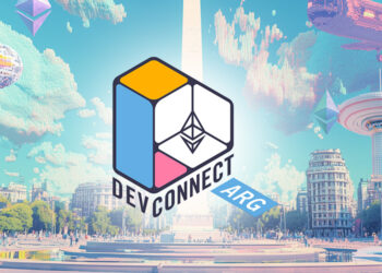 El logo del evento Devconnect en medio de un dibujo de la ciudad de Buenos Aires.